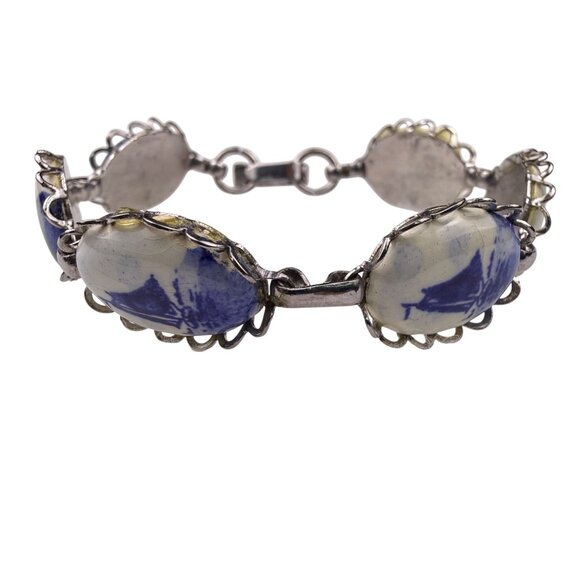 Delft Blue Womens Silver Tone Ceramic Bracelet Hand-Painted Oval Design - Picture 1 of 6